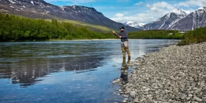 Man in the mountains fly fishing in a river.